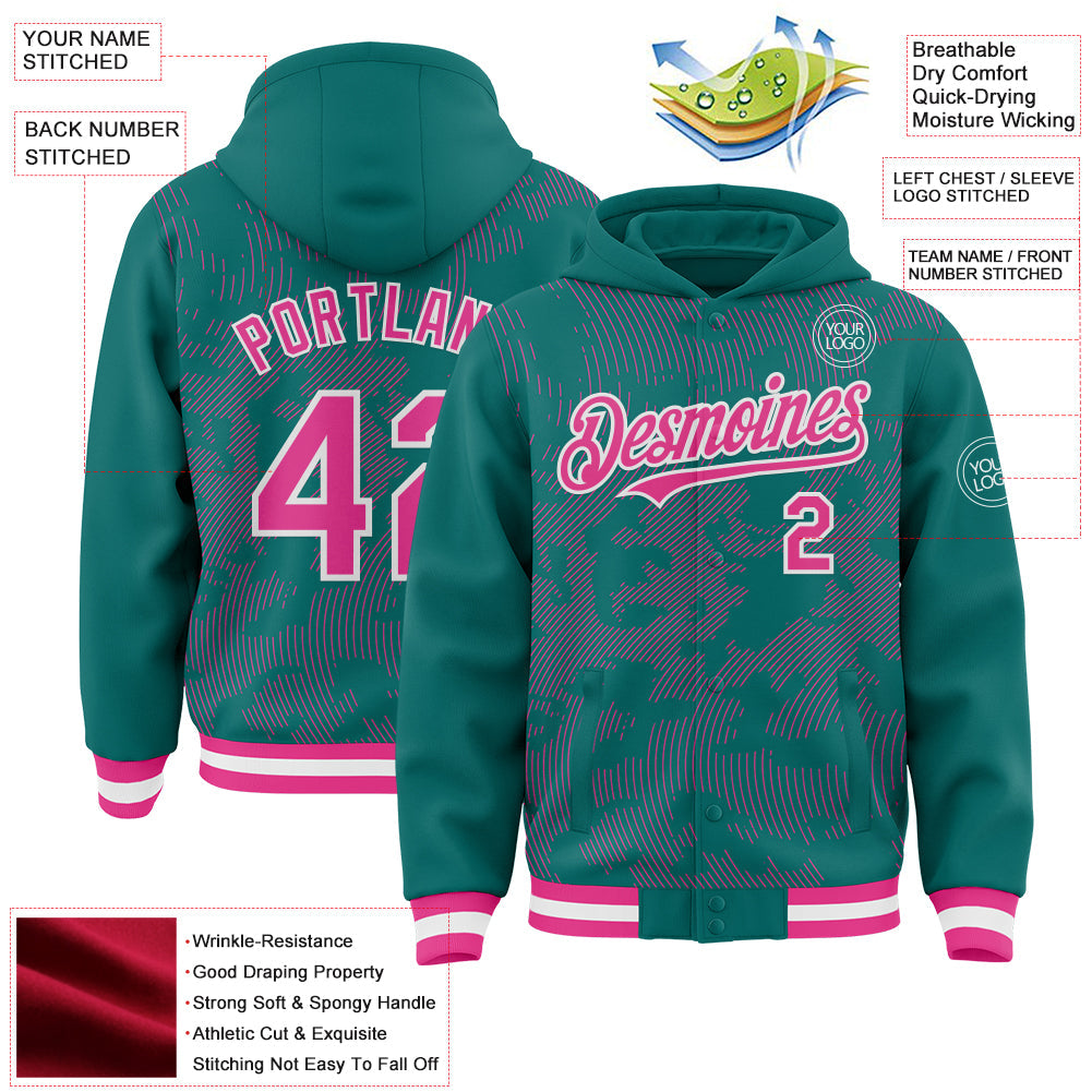 Custom Teal Pink-White Curve Lines Bomber Full-Snap Varsity Letterman Hoodie Jacket view 4