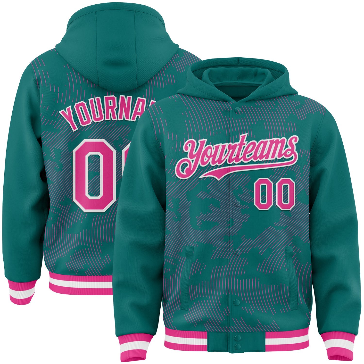 Custom Teal Pink-White Curve Lines Bomber Full-Snap Varsity Letterman Hoodie Jacket - Main View
