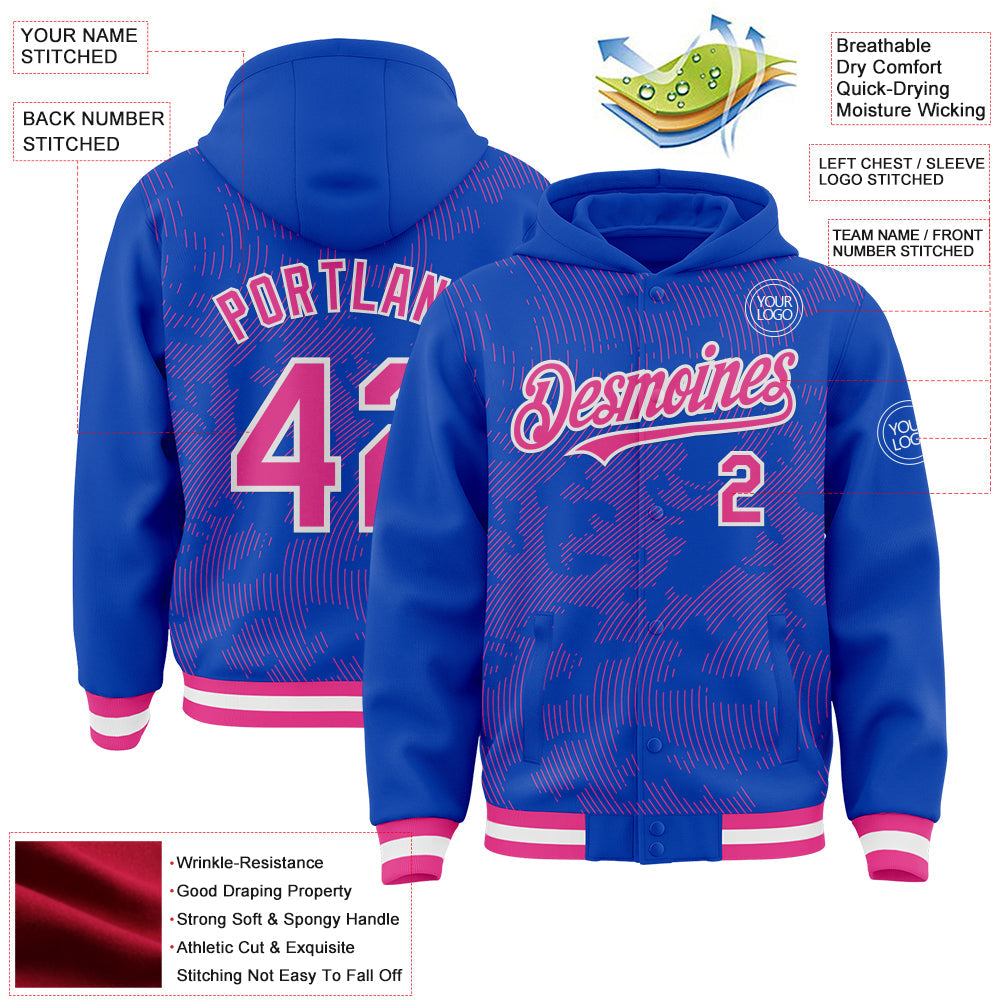 Custom Thunder Blue Pink-White Curve Lines Bomber Full-Snap Varsity Letterman Hoodie Jacket view 4