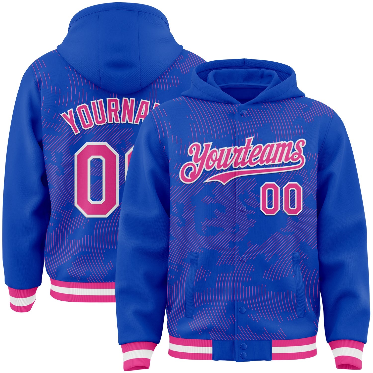 Custom Thunder Blue Pink-White Curve Lines Bomber Full-Snap Varsity Letterman Hoodie Jacket - Main View