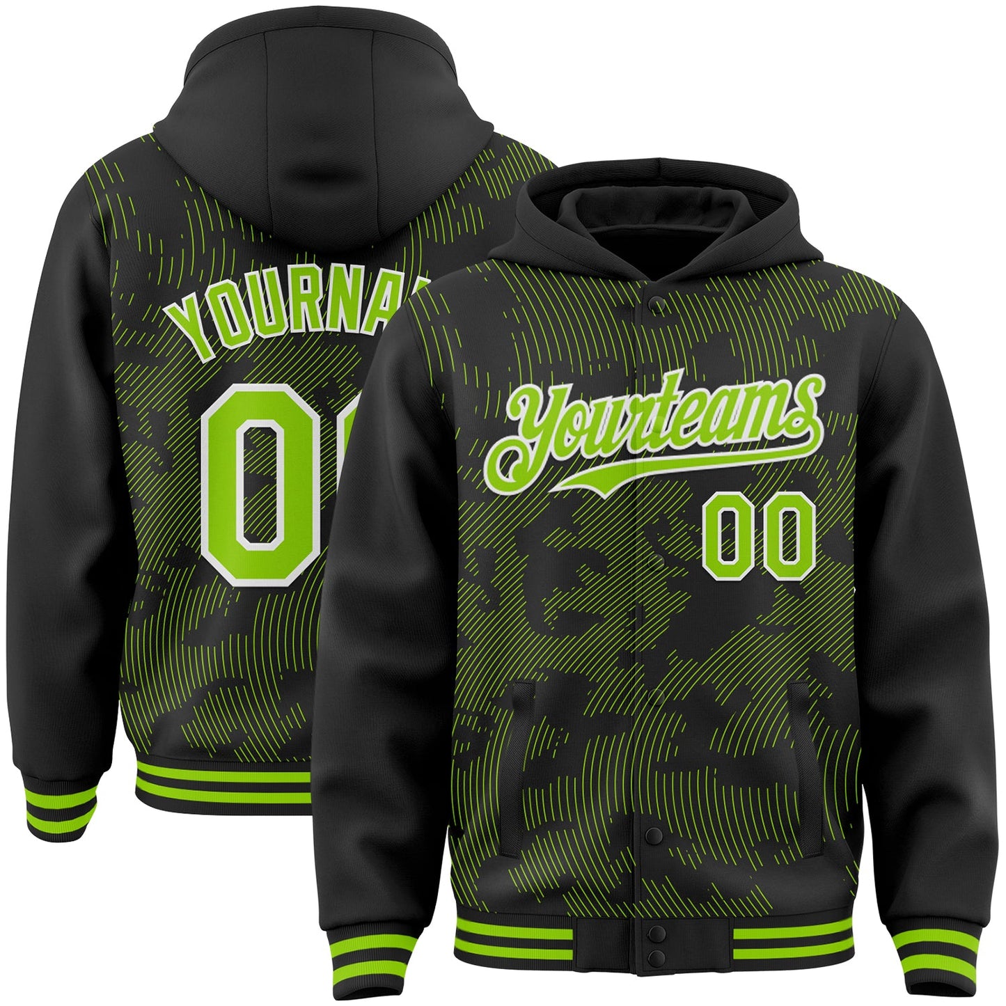 Custom Black Neon Green-White Curve Lines Bomber Full-Snap Varsity Letterman Hoodie Jacket - Main View