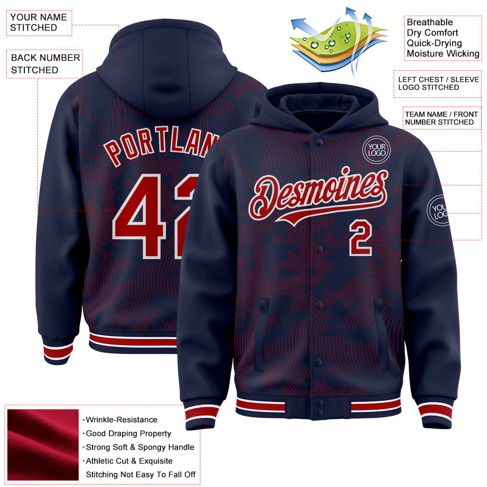 Custom Navy Red-White Curve Lines Bomber Full-Snap Varsity Letterman Hoodie Jacket view 4