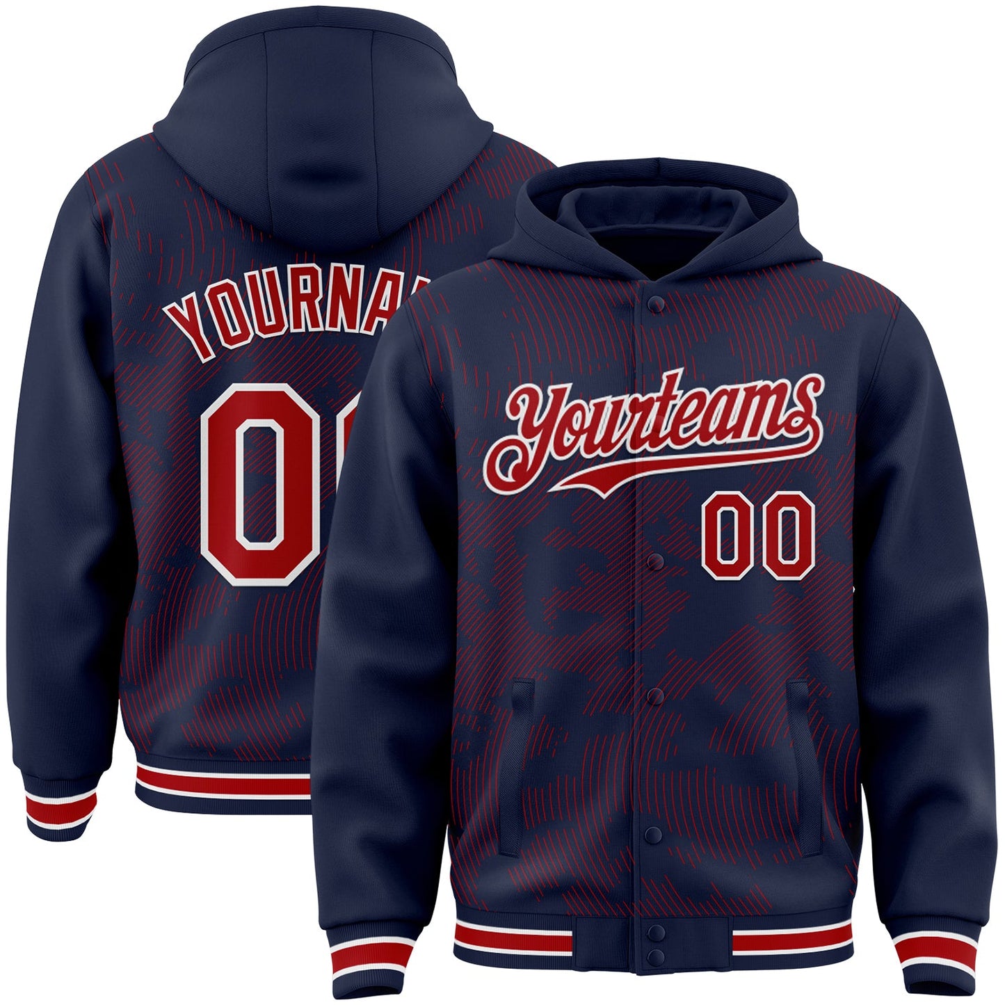 Custom Navy Red-White Curve Lines Bomber Full-Snap Varsity Letterman Hoodie Jacket - Main View