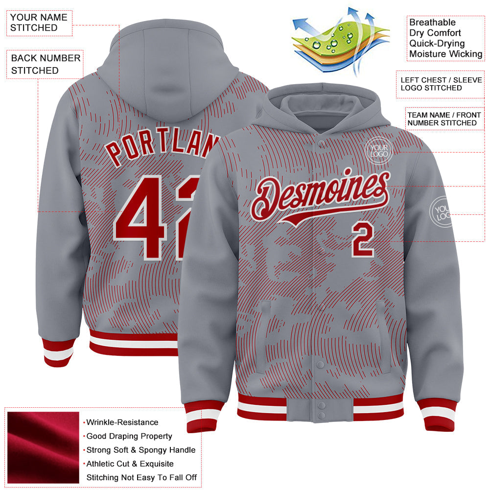 Custom Gray Red-White Curve Lines Bomber Full-Snap Varsity Letterman Hoodie Jacket view 4