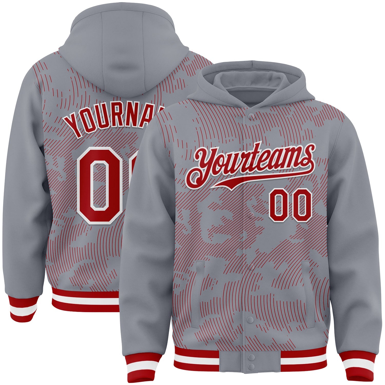 Custom Gray Red-White Curve Lines Bomber Full-Snap Varsity Letterman Hoodie Jacket - Main View