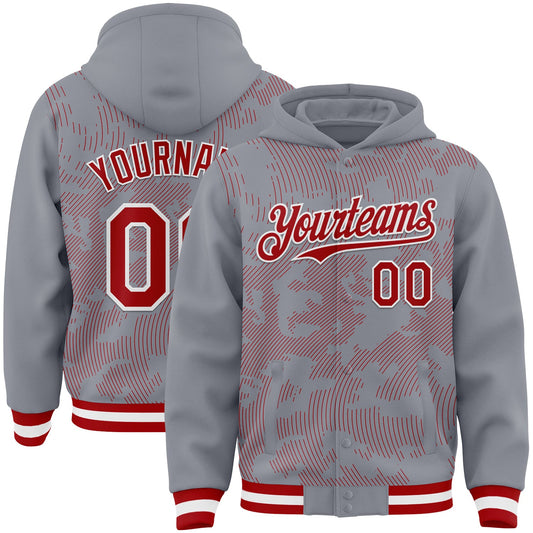Custom Gray Red-White Curve Lines Bomber Full-Snap Varsity Letterman Hoodie Jacket - Main View