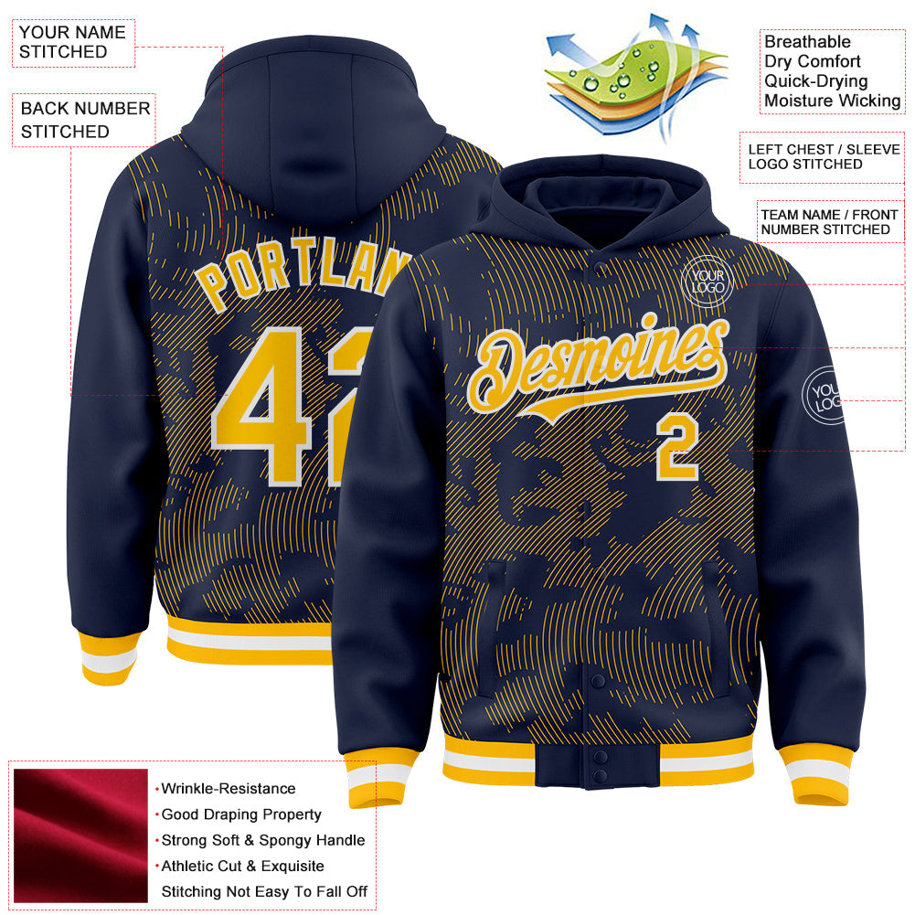 Custom Navy Gold-White Curve Lines Bomber Full-Snap Varsity Letterman Hoodie Jacket view 4