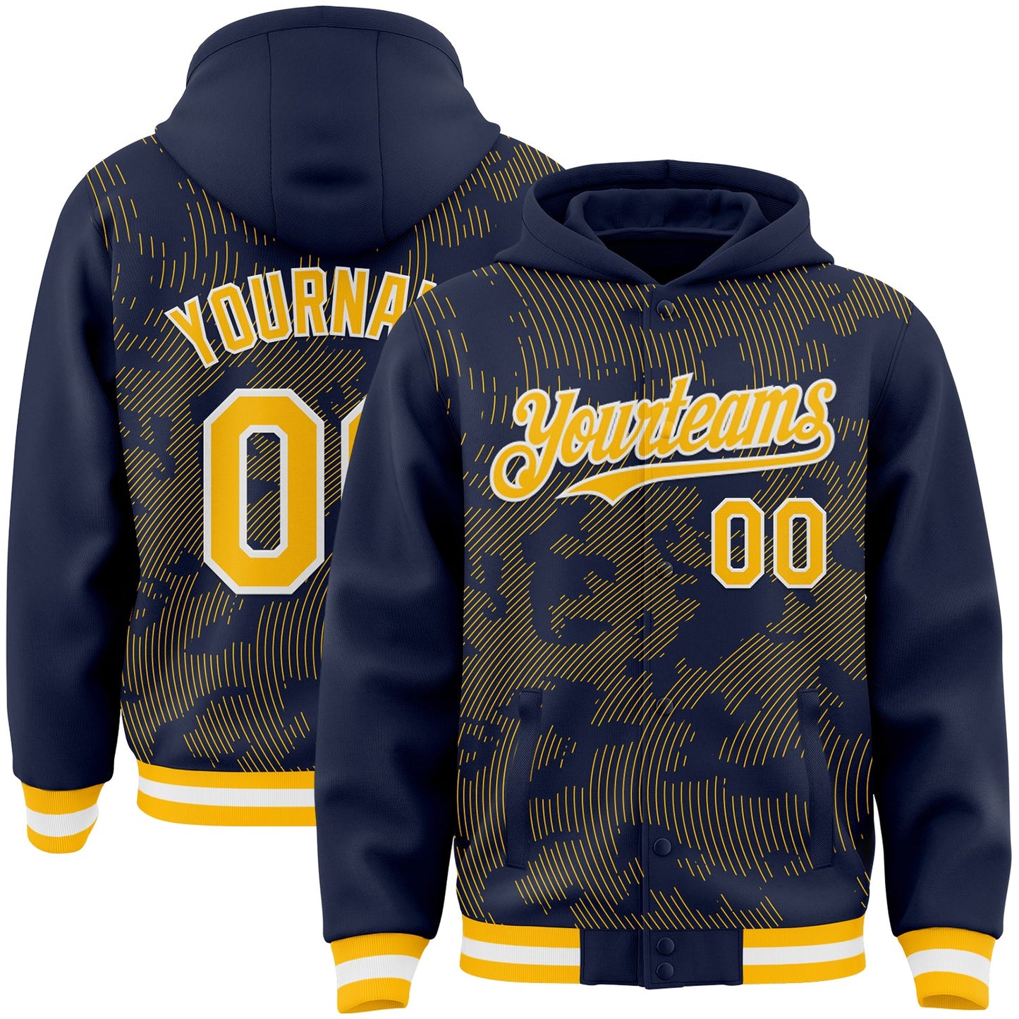 Custom Navy Gold-White Curve Lines Bomber Full-Snap Varsity Letterman Hoodie Jacket - Main View