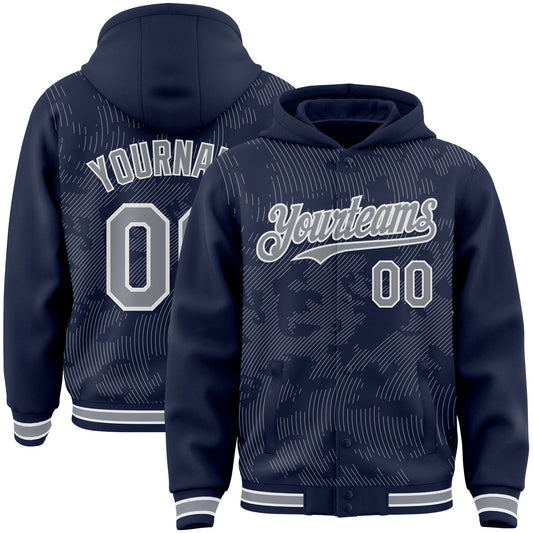 Custom Navy Gray-White Curve Lines Bomber Full-Snap Varsity Letterman Hoodie Jacket - Main View