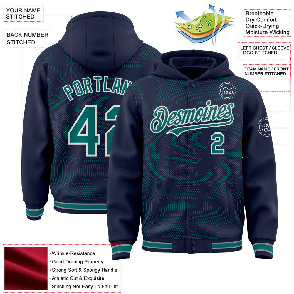 Custom Navy Teal-White Curve Lines Bomber Full-Snap Varsity Letterman Hoodie Jacket view 4
