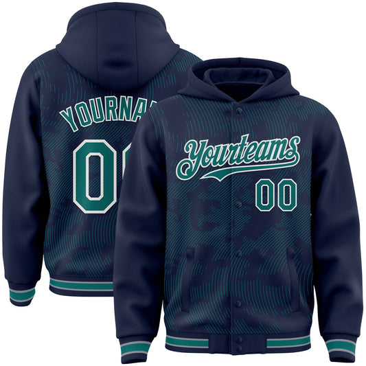 Custom Navy Teal-White Curve Lines Bomber Full-Snap Varsity Letterman Hoodie Jacket - Main View