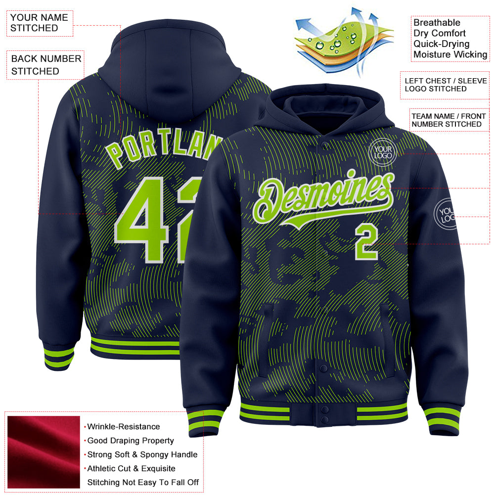 Custom Navy Neon Green-White Curve Lines Bomber Full-Snap Varsity Letterman Hoodie Jacket view 4