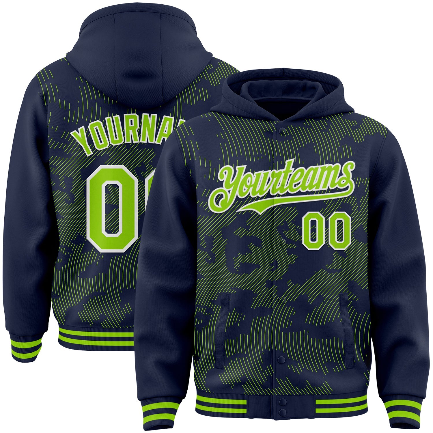 Custom Navy Neon Green-White Curve Lines Bomber Full-Snap Varsity Letterman Hoodie Jacket - Main View