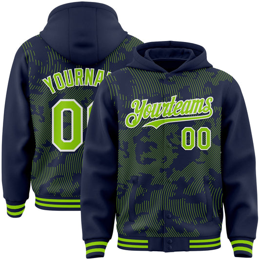 Custom Navy Neon Green-White Curve Lines Bomber Full-Snap Varsity Letterman Hoodie Jacket - Main View
