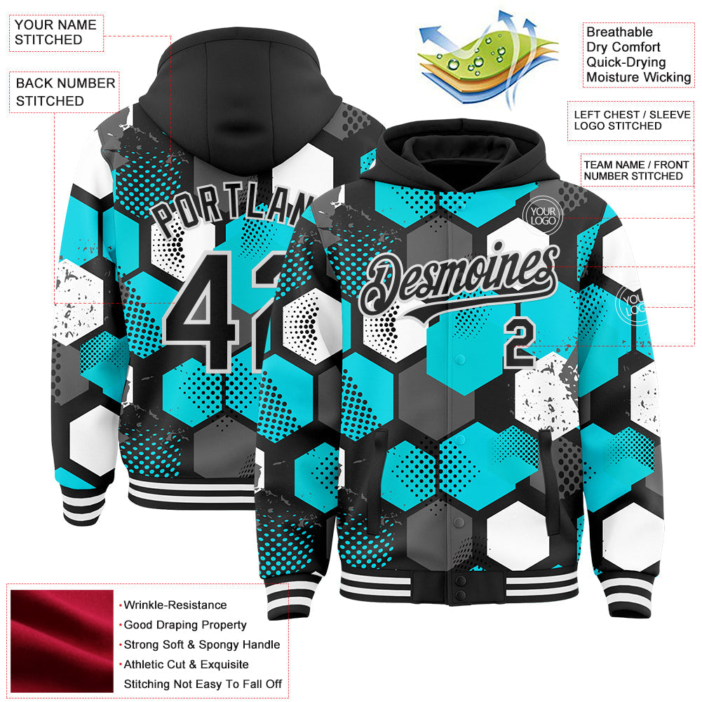 Custom Black Teal-White Geometric Shape Bomber Full-Snap Varsity Letterman Hoodie Jacket view 4