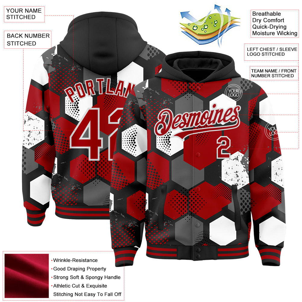 Custom Black Red-White Geometric Shape Bomber Full-Snap Varsity Letterman Hoodie Jacket view 4