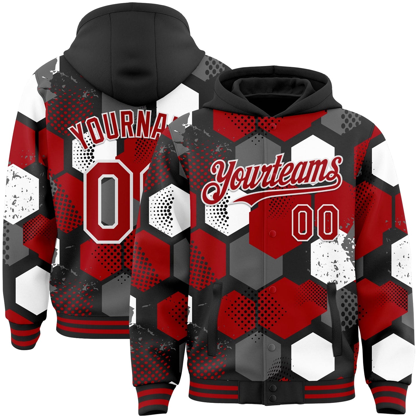 Custom Black Red-White Geometric Shape Bomber Full-Snap Varsity Letterman Hoodie Jacket - Main View