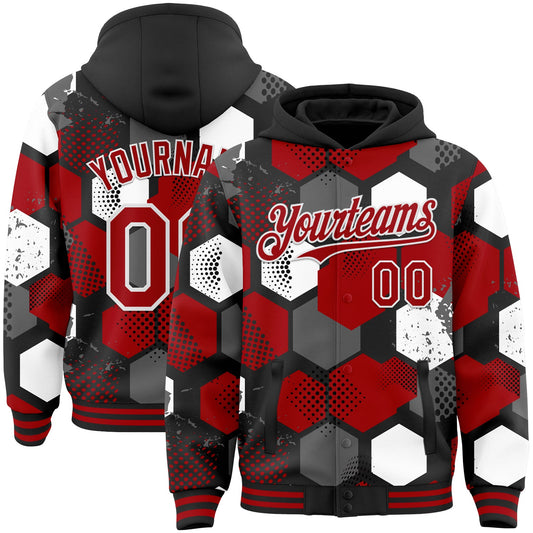 Custom Black Red-White Geometric Shape Bomber Full-Snap Varsity Letterman Hoodie Jacket - Main View