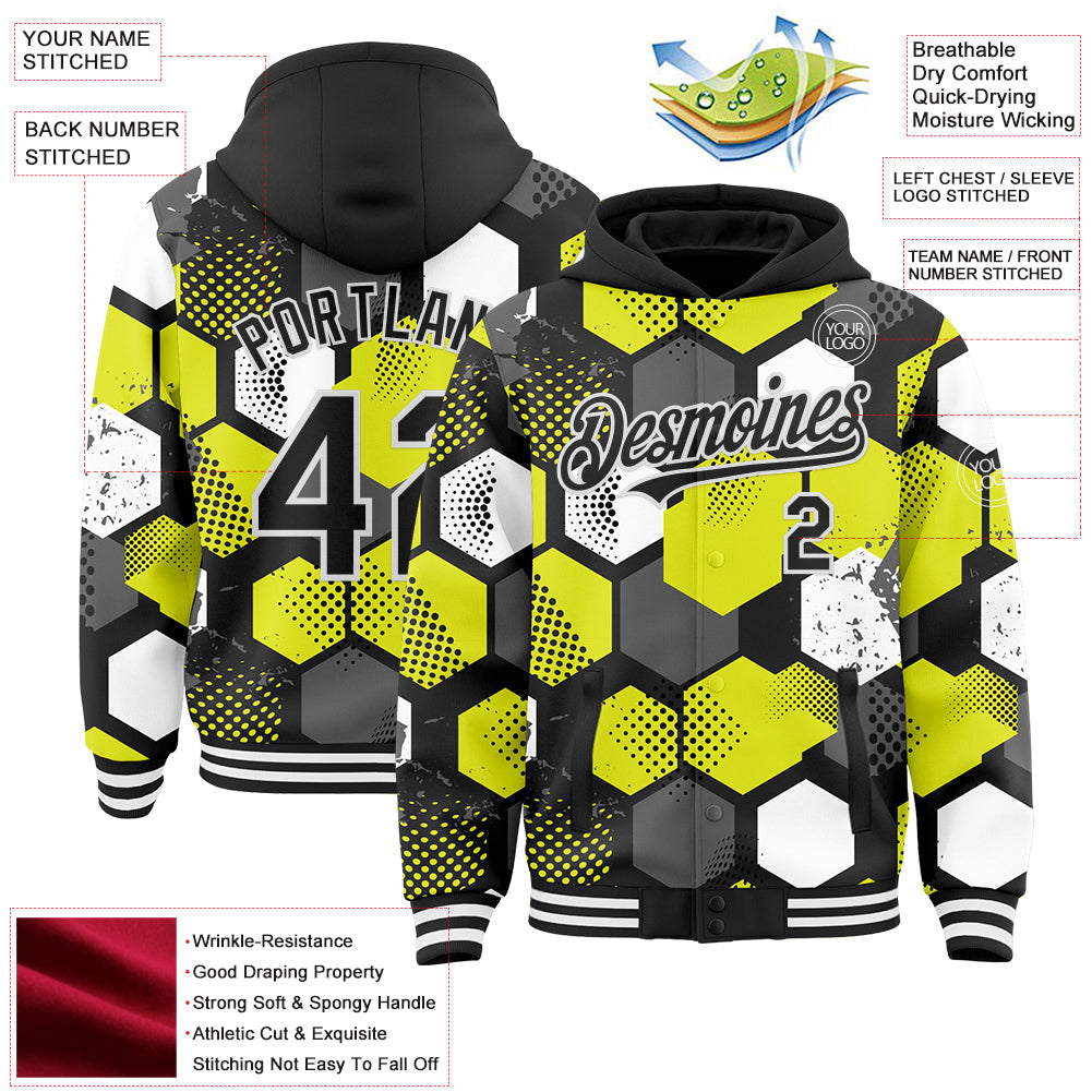 Custom Black Neon Yellow-White Geometric Shape Bomber Full-Snap Varsity Letterman Hoodie Jacket view 4