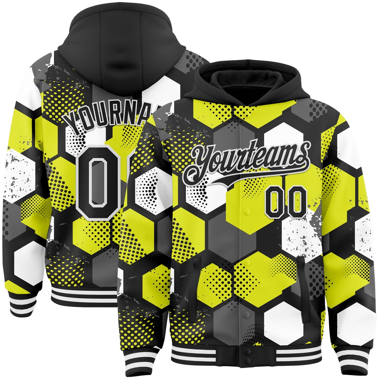 Custom Black Neon Yellow-White Geometric Shape Bomber Full-Snap Varsity Letterman Hoodie Jacket - Main View