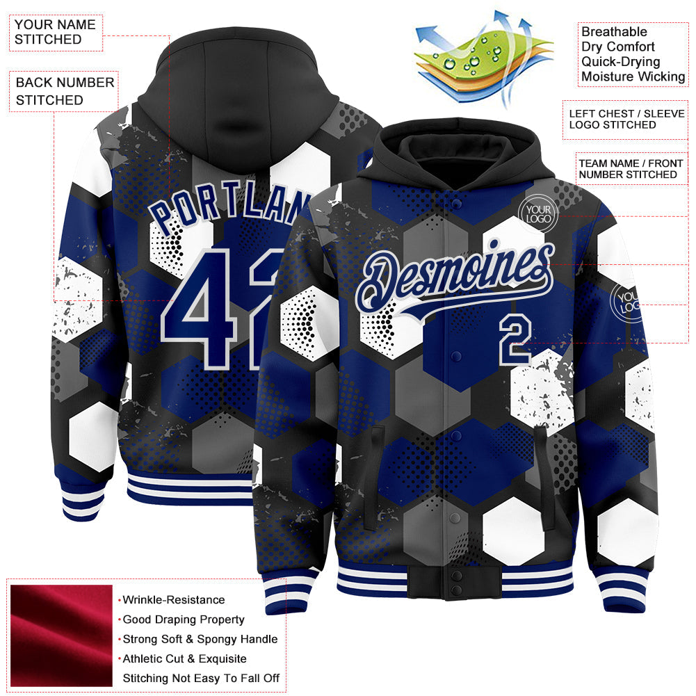 Custom Black Royal-White Geometric Shape Bomber Full-Snap Varsity Letterman Hoodie Jacket view 4