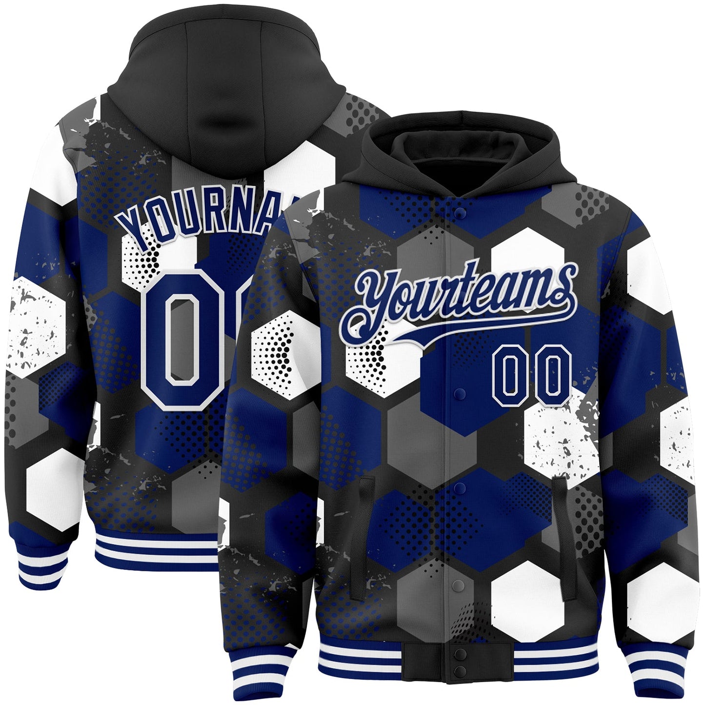 Custom Black Royal-White Geometric Shape Bomber Full-Snap Varsity Letterman Hoodie Jacket - Main View