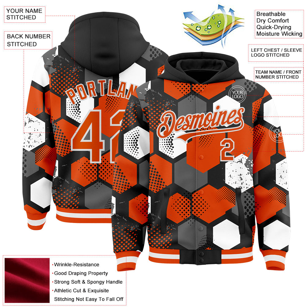 Custom Black Orange-White Geometric Shape Bomber Full-Snap Varsity Letterman Hoodie Jacket view 4