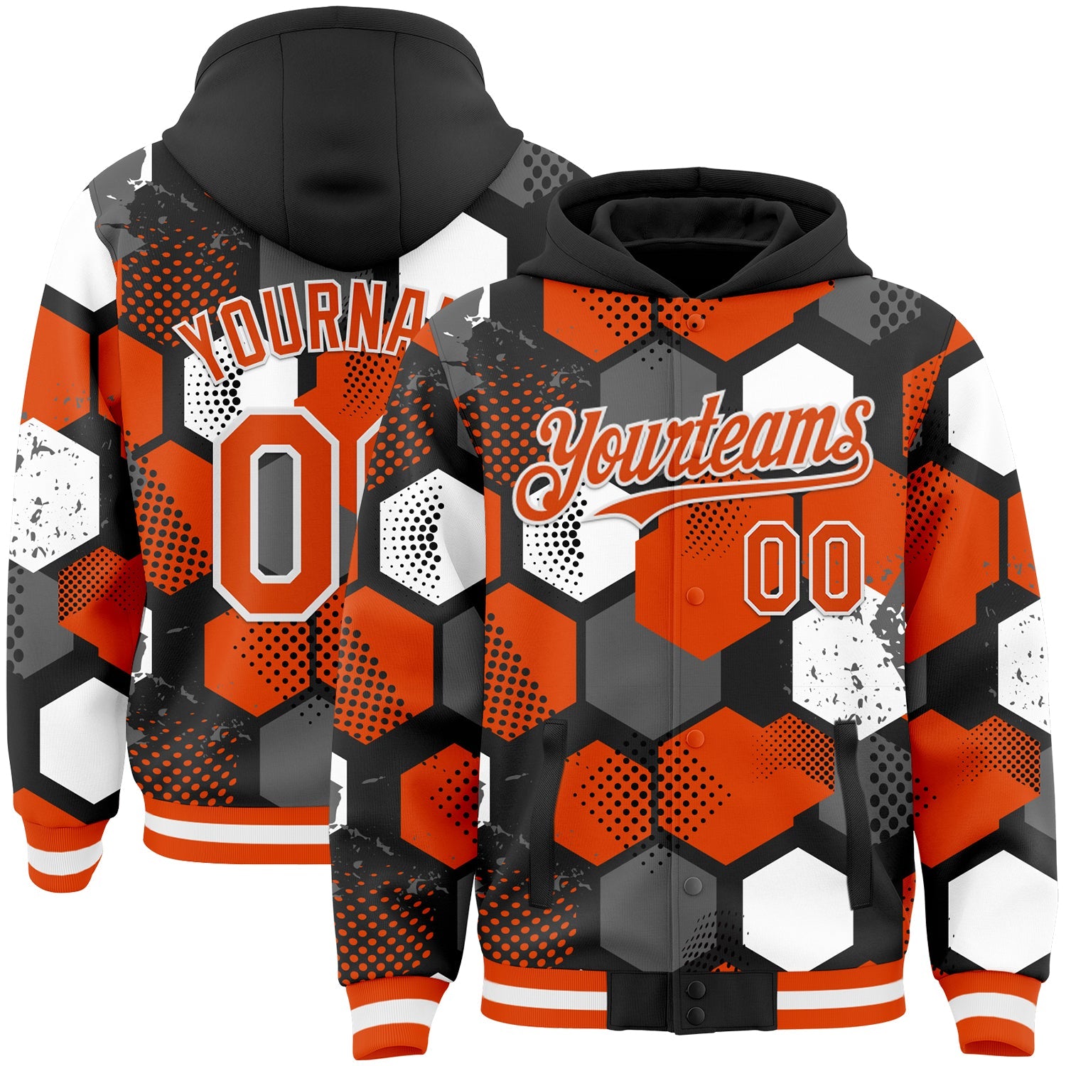 Custom Black Orange-White Geometric Shape Bomber Full-Snap Varsity Letterman Hoodie Jacket - Main View