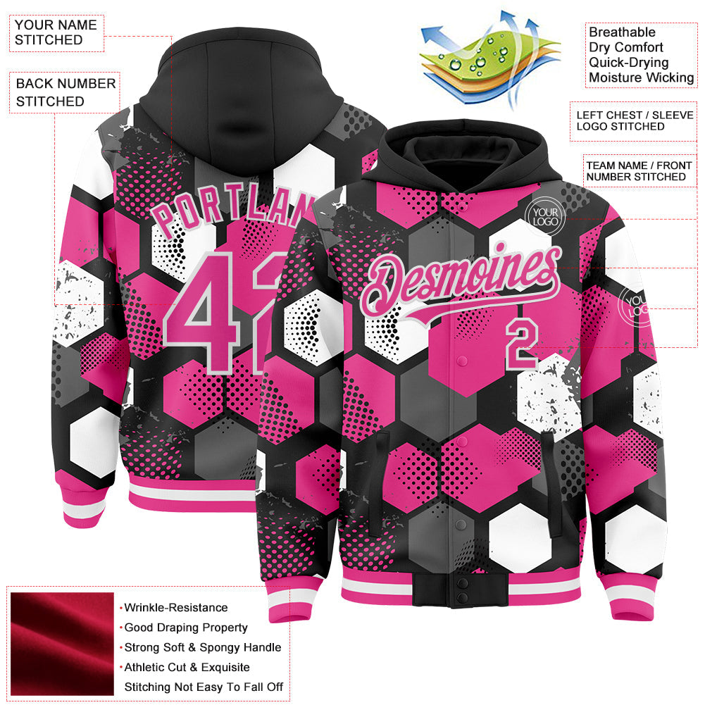 Custom Black Pink-White Geometric Shape Bomber Full-Snap Varsity Letterman Hoodie Jacket view 4