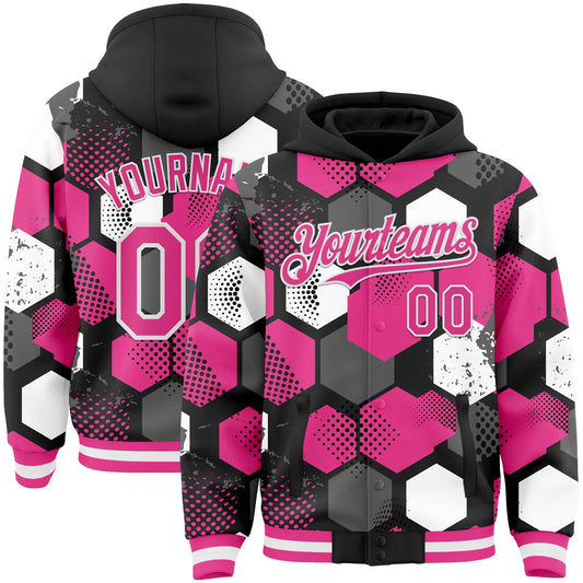 Custom Black Pink-White Geometric Shape Bomber Full-Snap Varsity Letterman Hoodie Jacket - Main View