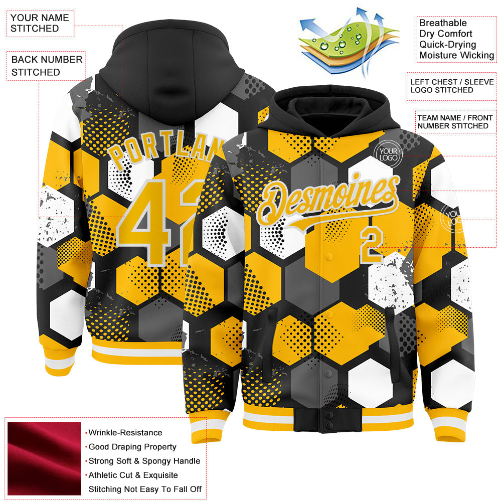 Custom Black Gold-White Geometric Shape Bomber Full-Snap Varsity Letterman Hoodie Jacket view 4