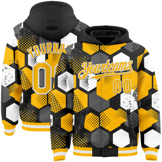 Custom Black Gold-White Geometric Shape Bomber Full-Snap Varsity Letterman Hoodie Jacket - Main View