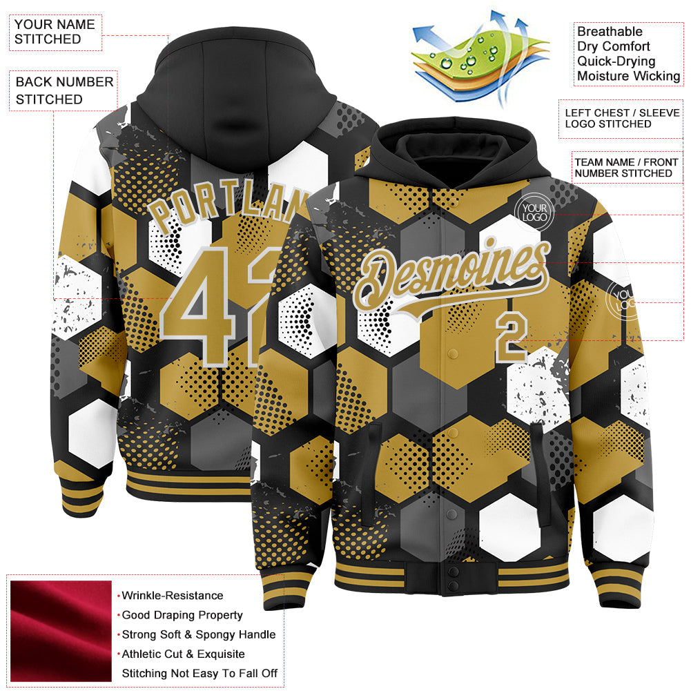 Custom Black Old Gold-White Geometric Shape Bomber Full-Snap Varsity Letterman Hoodie Jacket view 4