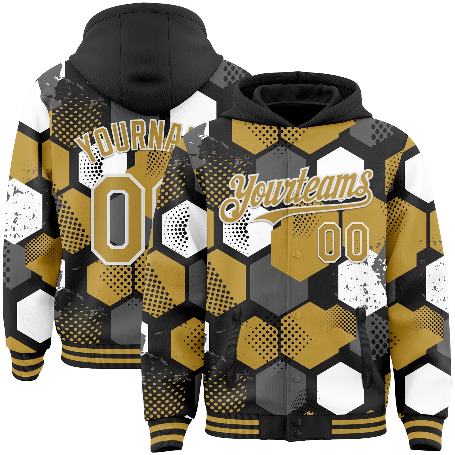 Custom Black Old Gold-White Geometric Shape Bomber Full-Snap Varsity Letterman Hoodie Jacket - Main View