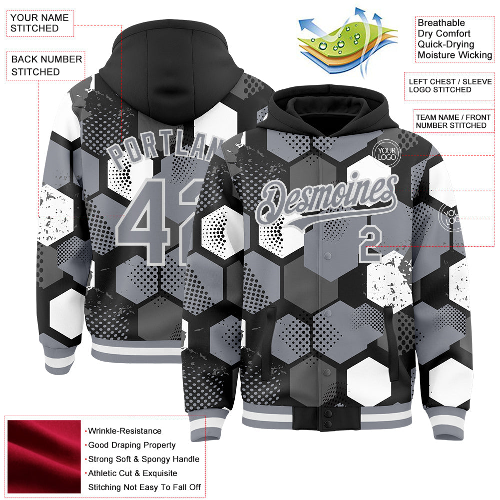 Custom Black Gray-White Geometric Shape Bomber Full-Snap Varsity Letterman Hoodie Jacket view 4