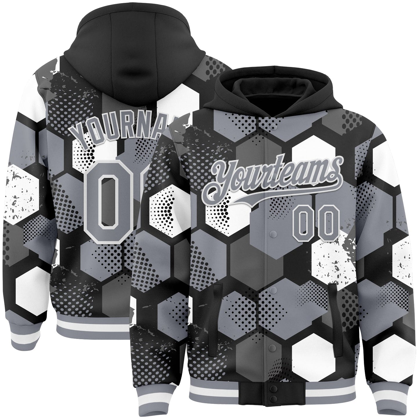 Custom Black Gray-White Geometric Shape Bomber Full-Snap Varsity Letterman Hoodie Jacket - Main View