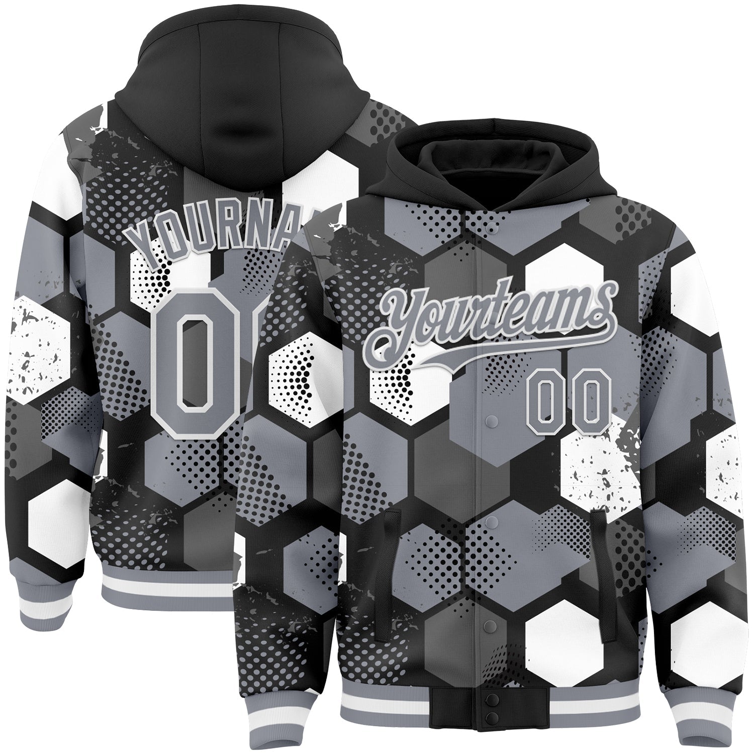 Custom Black Gray-White Geometric Shape Bomber Full-Snap Varsity Letterman Hoodie Jacket - Main View