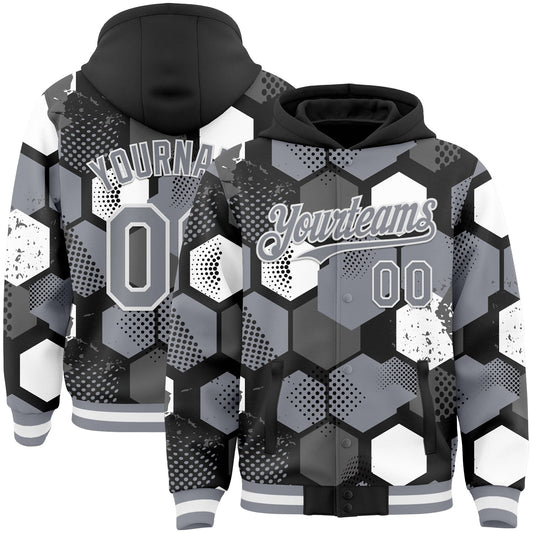 Custom Black Gray-White Geometric Shape Bomber Full-Snap Varsity Letterman Hoodie Jacket - Main View