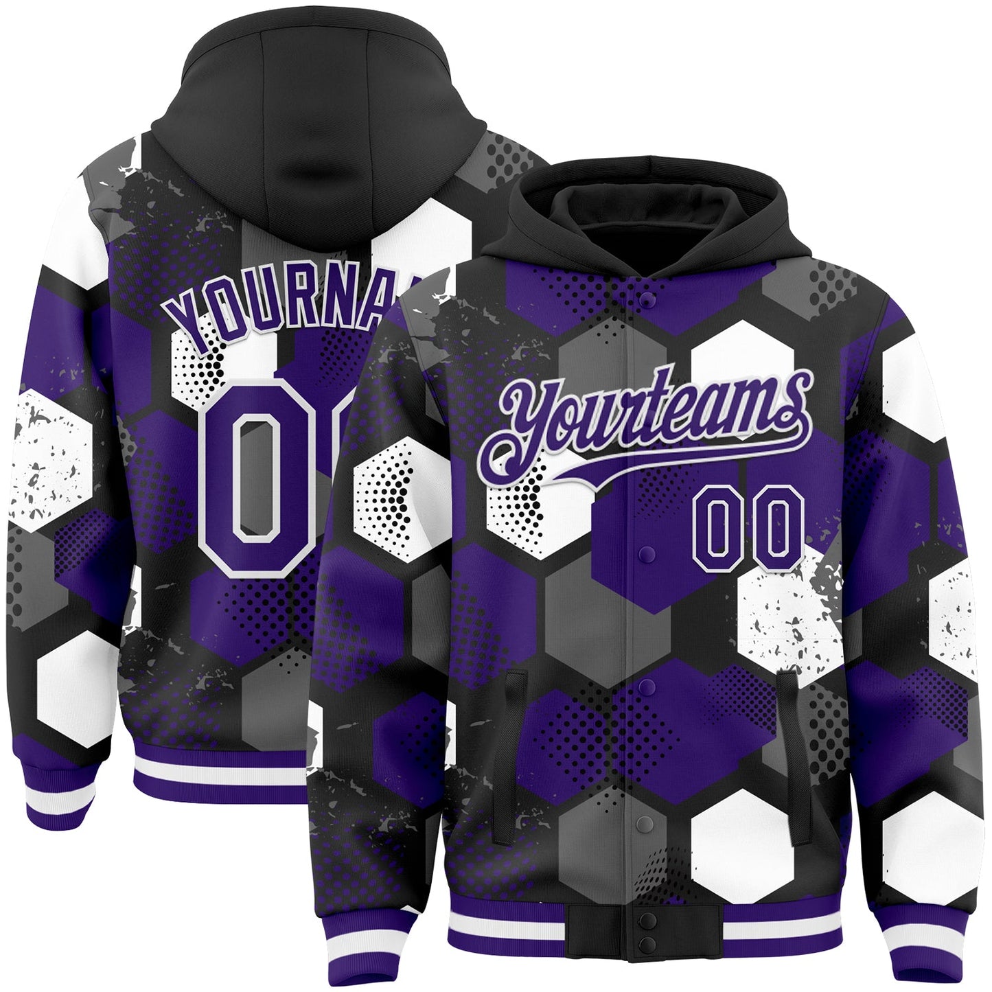 Custom Black Purple-White Geometric Shape Bomber Full-Snap Varsity Letterman Hoodie Jacket - Main View