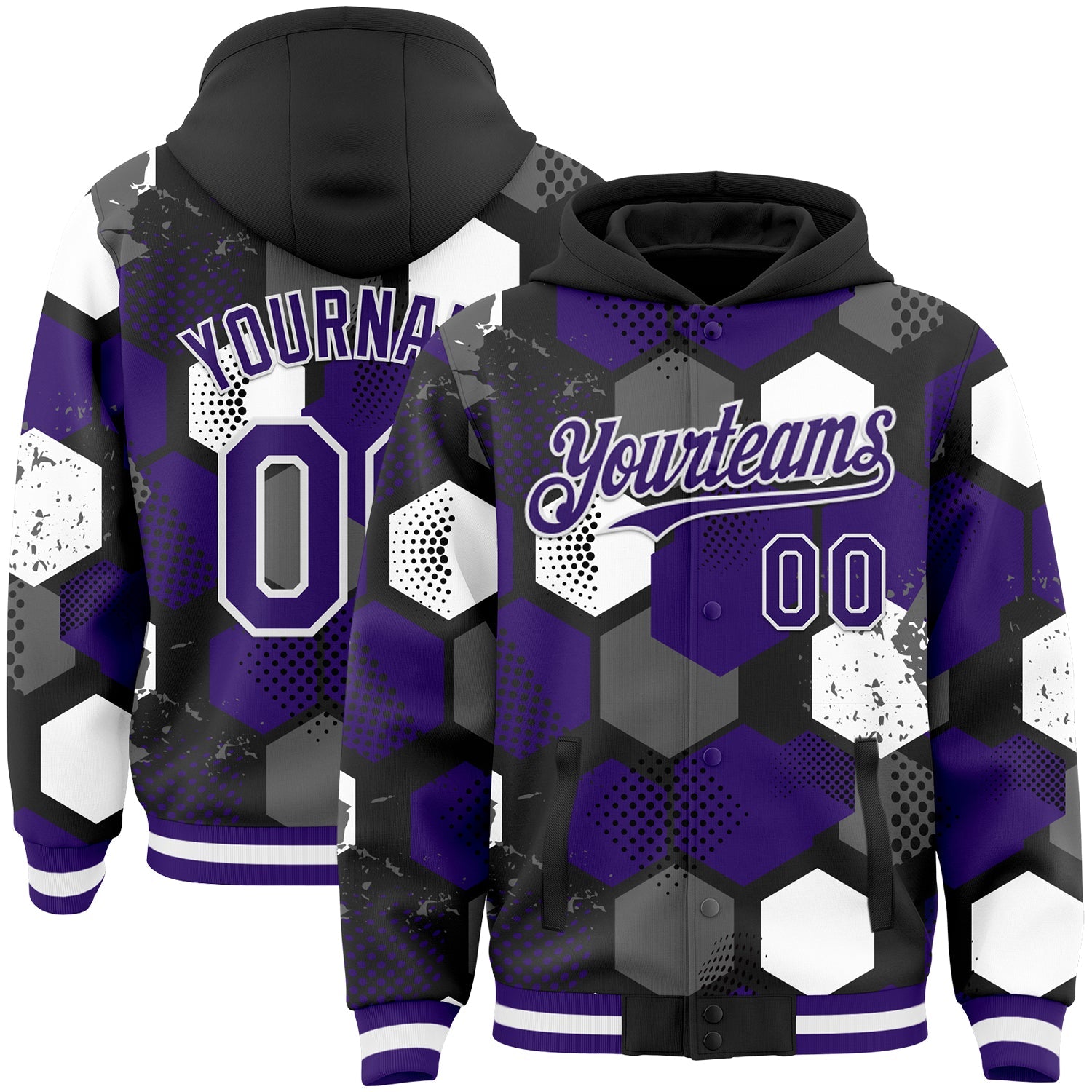 Custom Black Purple-White Geometric Shape Bomber Full-Snap Varsity Letterman Hoodie Jacket - Main View