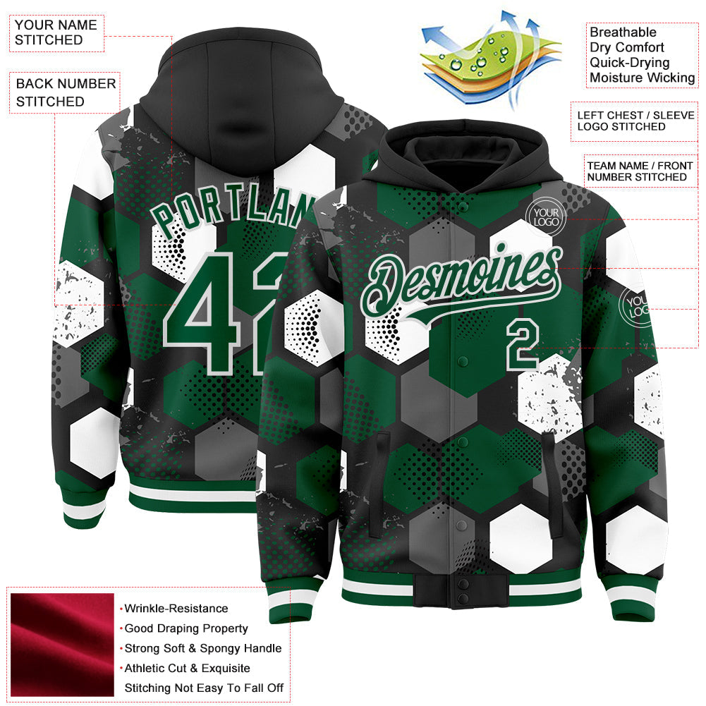 Custom Black Kelly Green-White Geometric Shape Bomber Full-Snap Varsity Letterman Hoodie Jacket view 4