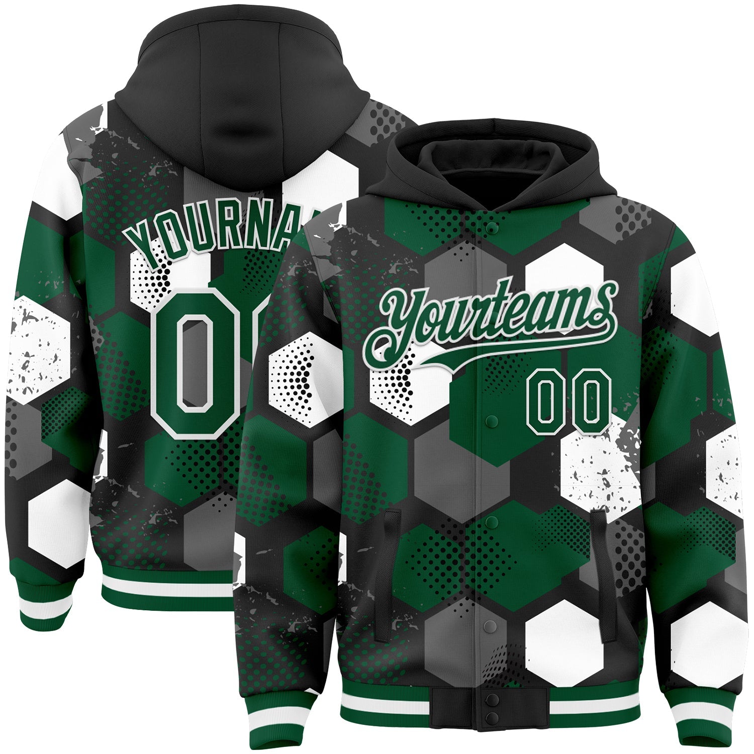 Custom Black Kelly Green-White Geometric Shape Bomber Full-Snap Varsity Letterman Hoodie Jacket - Main View