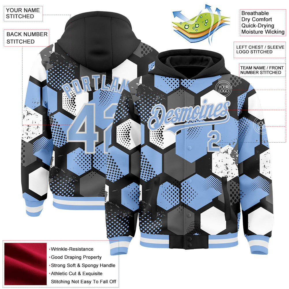 Custom Black Light Blue-White Geometric Shape Bomber Full-Snap Varsity Letterman Hoodie Jacket view 4