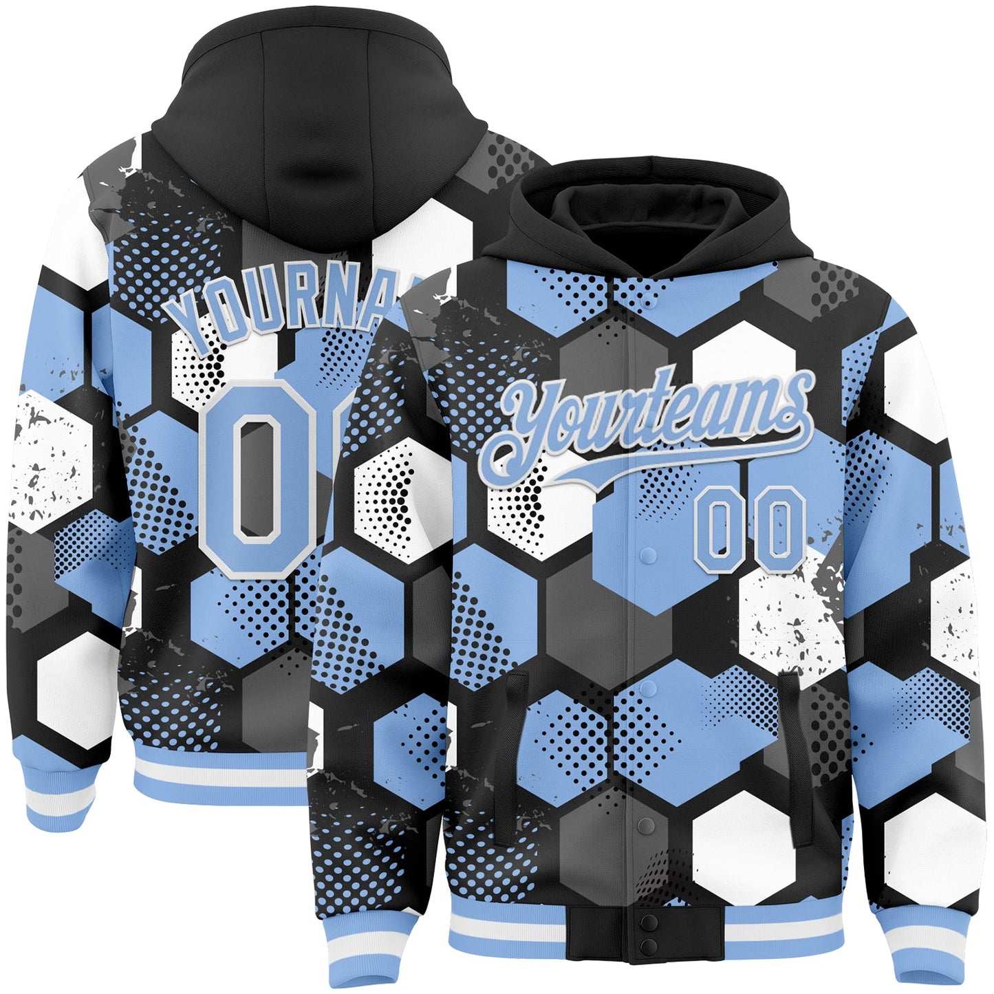 Custom Black Light Blue-White Geometric Shape Bomber Full-Snap Varsity Letterman Hoodie Jacket - Main View