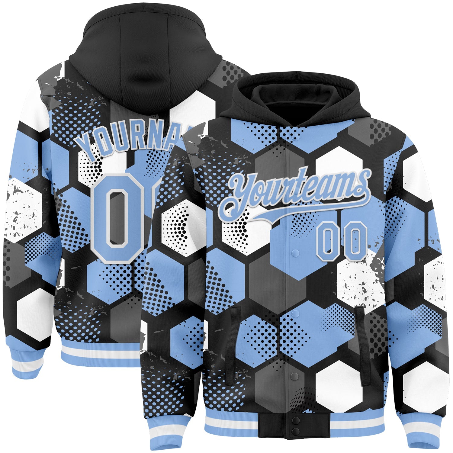 Custom Black Light Blue-White Geometric Shape Bomber Full-Snap Varsity Letterman Hoodie Jacket - Main View