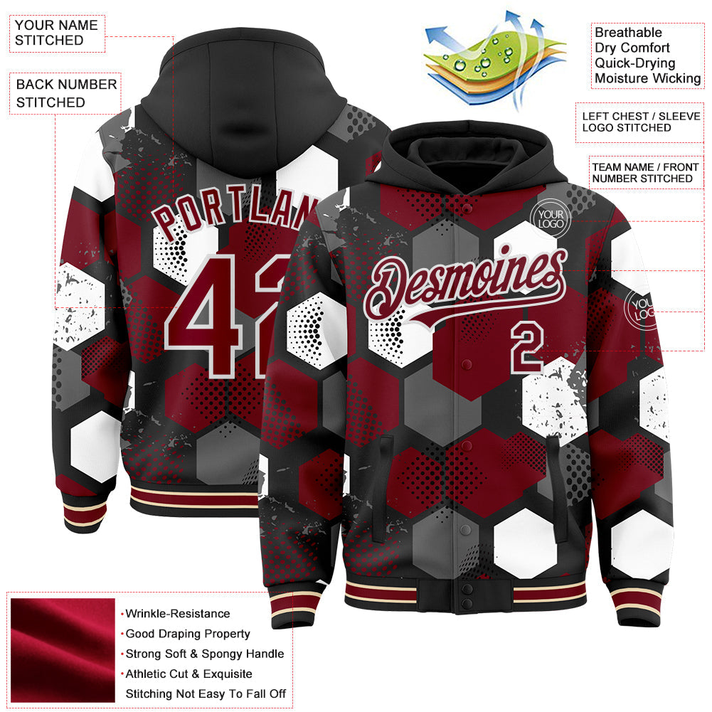 Custom Black Crimson-White Geometric Shape Bomber Full-Snap Varsity Letterman Hoodie Jacket view 4
