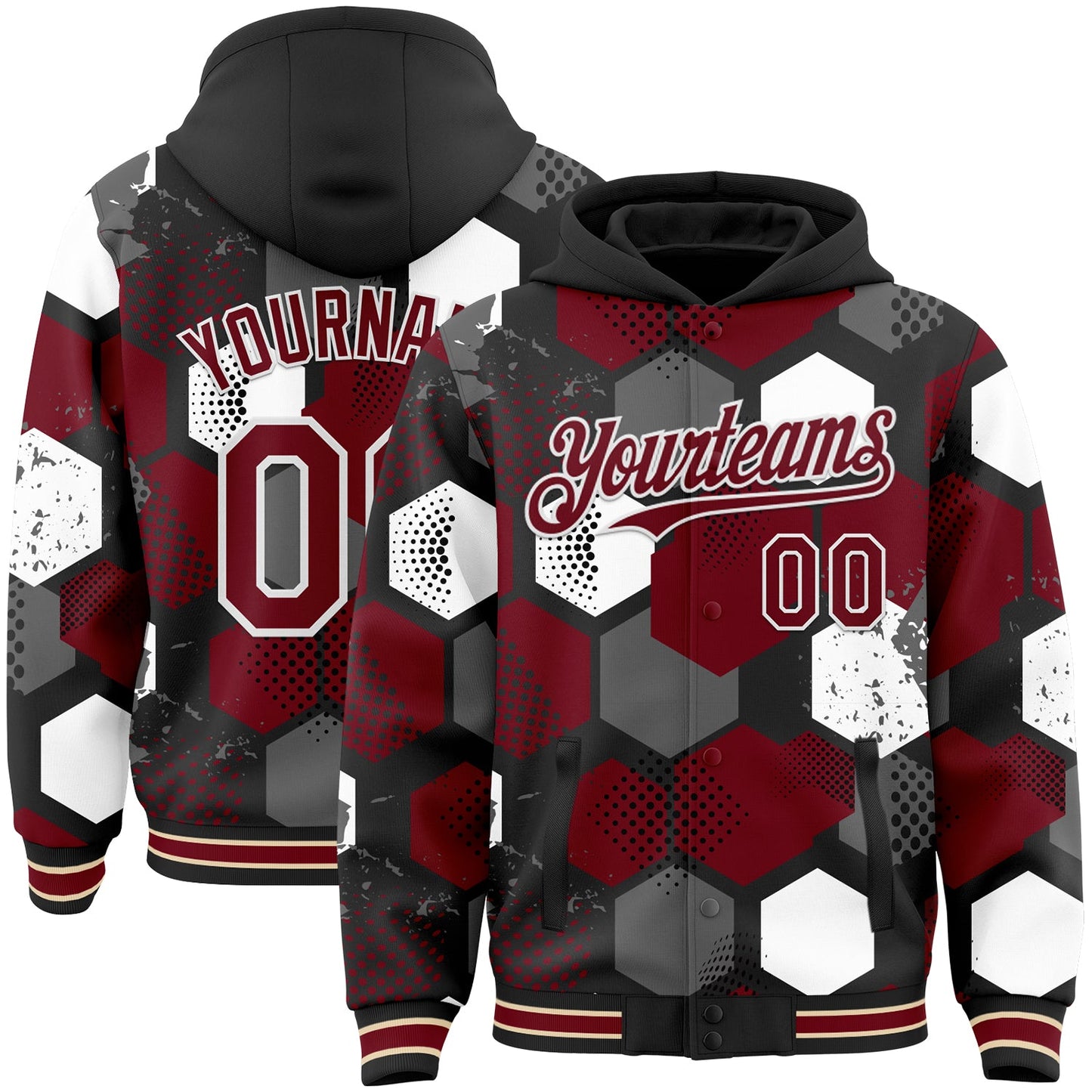 Custom Black Crimson-White Geometric Shape Bomber Full-Snap Varsity Letterman Hoodie Jacket - Main View