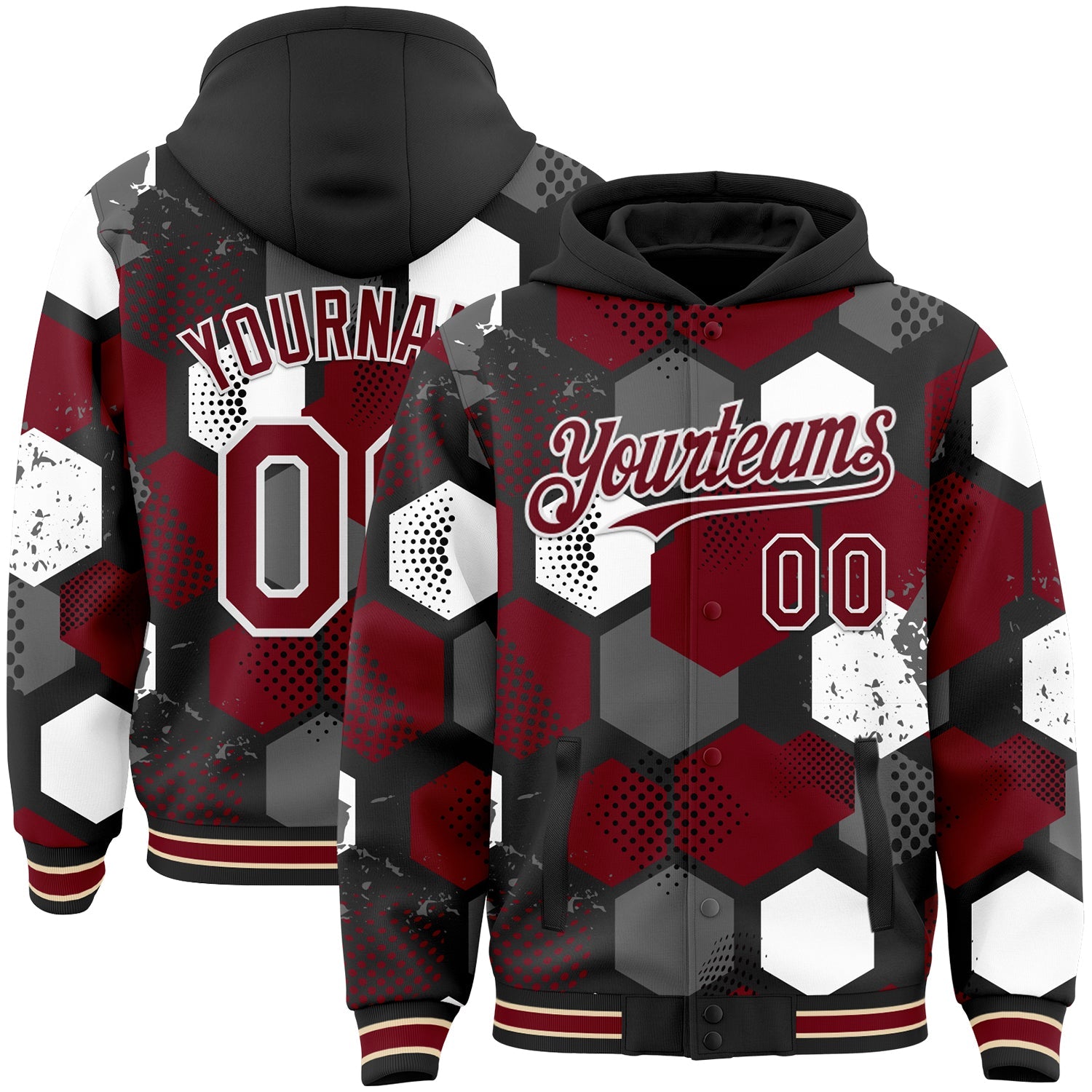 Custom Black Crimson-White Geometric Shape Bomber Full-Snap Varsity Letterman Hoodie Jacket - Main View