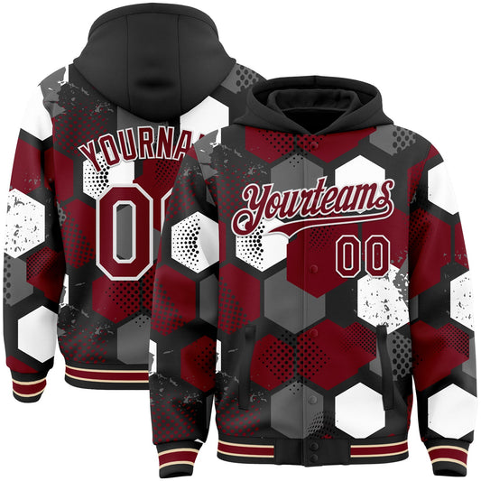 Custom Black Crimson-White Geometric Shape Bomber Full-Snap Varsity Letterman Hoodie Jacket - Main View