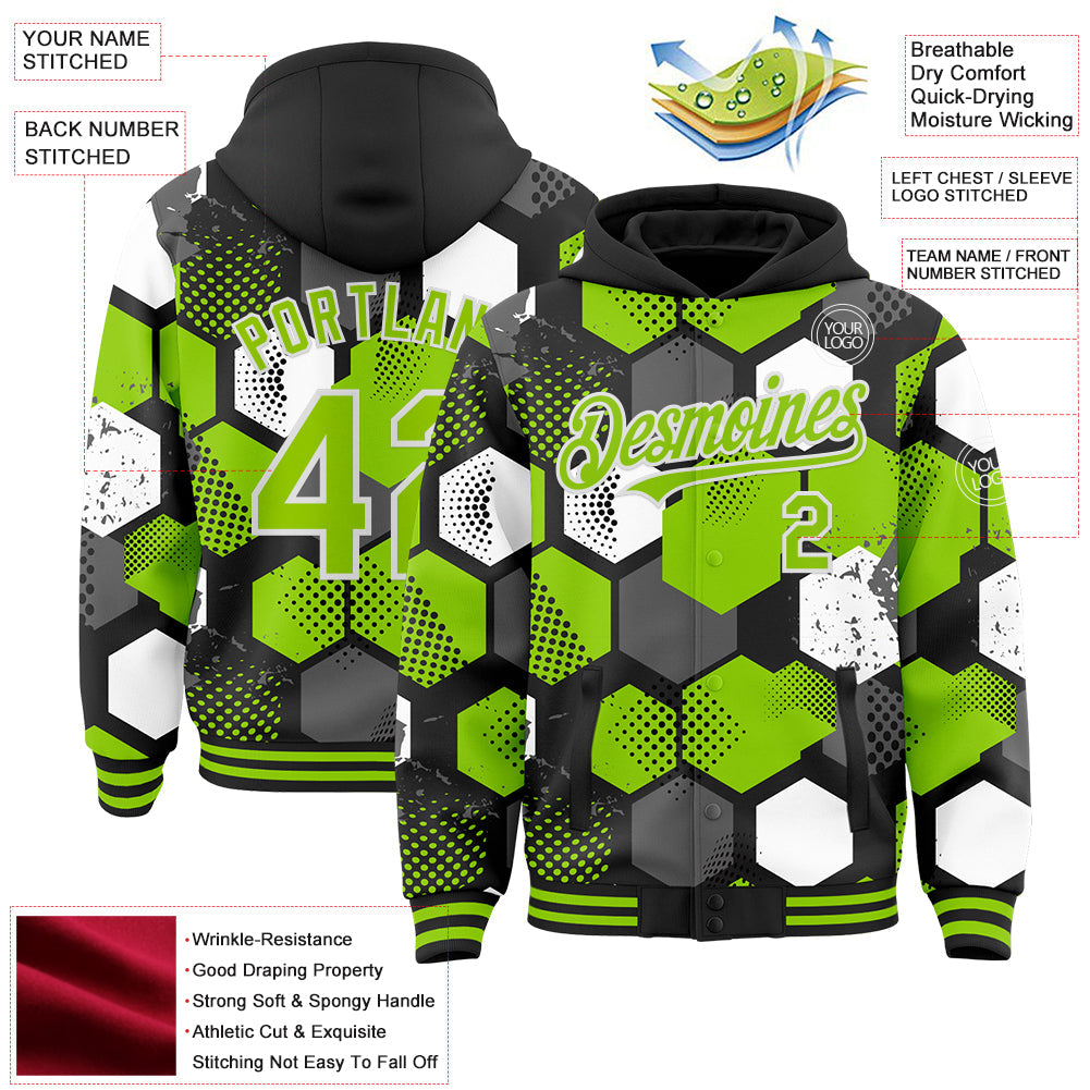 Custom Black Neon Green-White Geometric Shape Bomber Full-Snap Varsity Letterman Hoodie Jacket view 4